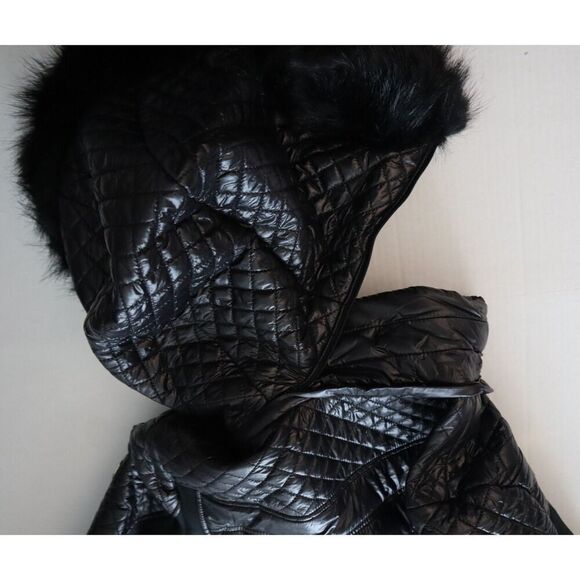 Michael Kors Women Sz M Black Faux-Fur-Trim Mixed Media Hooded Quilted Coat - Picture 16 of 16
